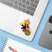 Speelse Zwarte Kat Halloween Sushi & Pompoen Feest Sticker (Laptop met iPhone)