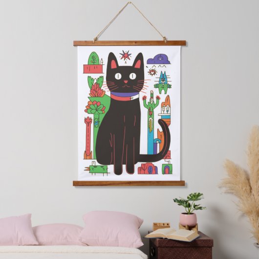 Speelse zwarte kat hangend wandkleed (Slaapkamer)