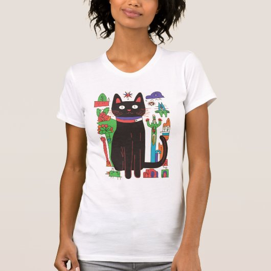 Speelse zwarte kat met kleurrijke Abstracte accent T-shirt (Voorkant)