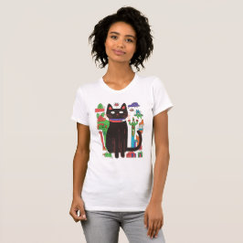 Speelse zwarte kat met kleurrijke Abstracte accent T-shirt