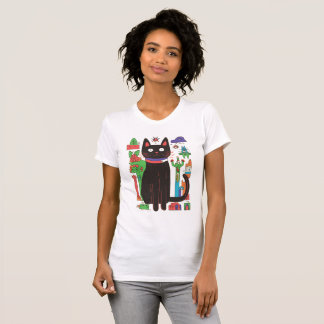 Speelse zwarte kat met kleurrijke Abstracte accent T-shirt