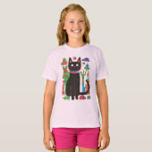 Speelse zwarte kat met kleurrijke Abstracte accent T-shirt (Voorkant volledig)