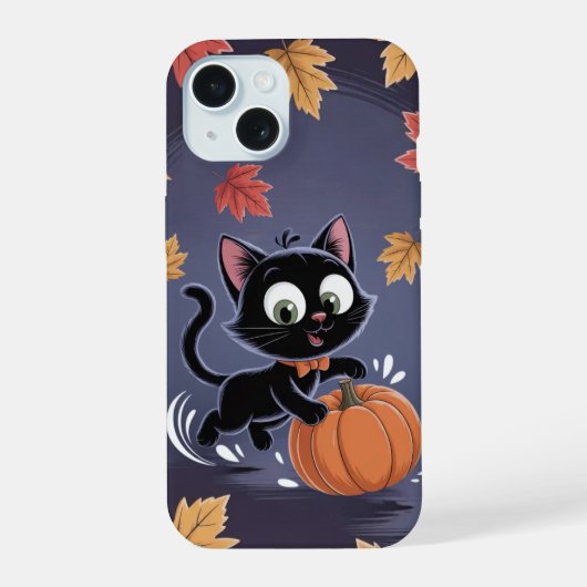 Speelse Zwarte Kat Pumpkin Leaf iPhone / iPad case iPhone 15 Case (Achterkant)