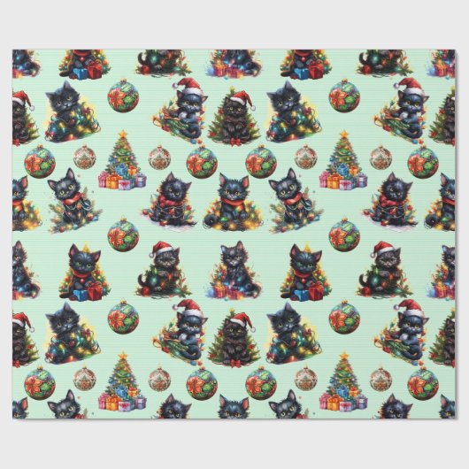 Speelse Zwarte Kerst Kittens Cadeaupapier (Vlak)