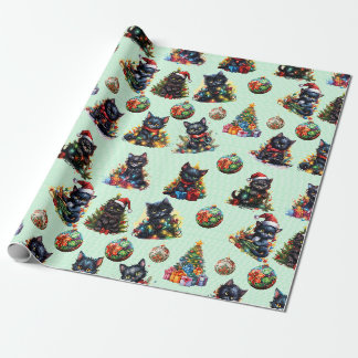 Speelse Zwarte Kerst Kittens Cadeaupapier