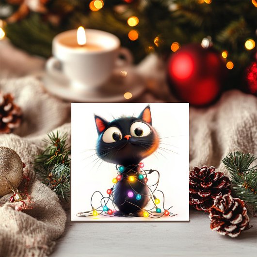 Speelse zwarte kitten met feestelijke kerstlichtje feestdagenkaart