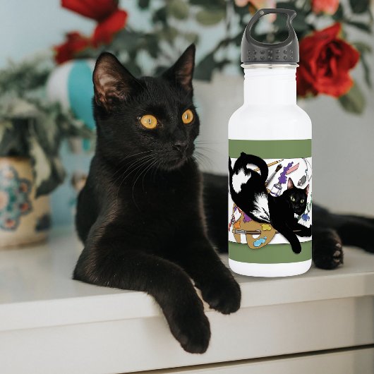 Speelse Zwarte Kunstenaar Kat Schilderen Humor Gro Waterfles