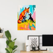 Speeltijd Fox Family - Neon Wildlife Pop Art Poster (Thuiskantoor)