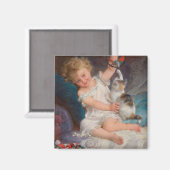 Speeltijd: meisje dat met haar huisdierkitten spee magneet (Voorkant / Achterkant)