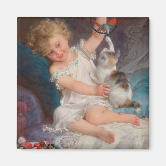 Speeltijd: meisje dat met haar huisdierkitten spee magneet (Voorkant)