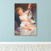 Speeltijd: Meisje speelt met haar dichter Kitten Canvas Afdruk (Insitu (Houten vloer))