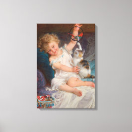Speeltijd: Meisje speelt met haar dichter Kitten Canvas Afdruk