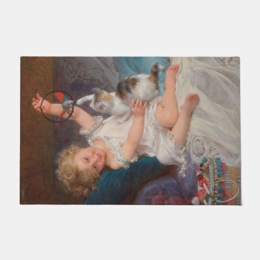 Speeltijd: Meisje speelt met haar dichter Kitten Deurmat (Voorkant)