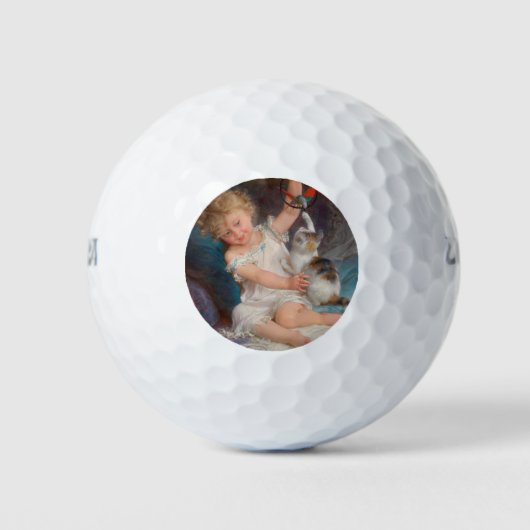 Speeltijd: Meisje speelt met haar dichter Kitten Golfballen (Voorkant)