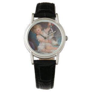 Speeltijd: Meisje speelt met haar dichter Kitten Horloge