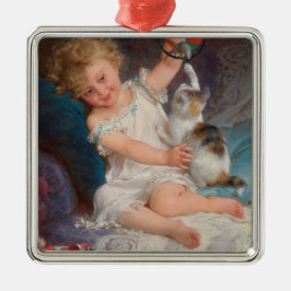 Speeltijd: Meisje speelt met haar dichter Kitten Metalen Ornament