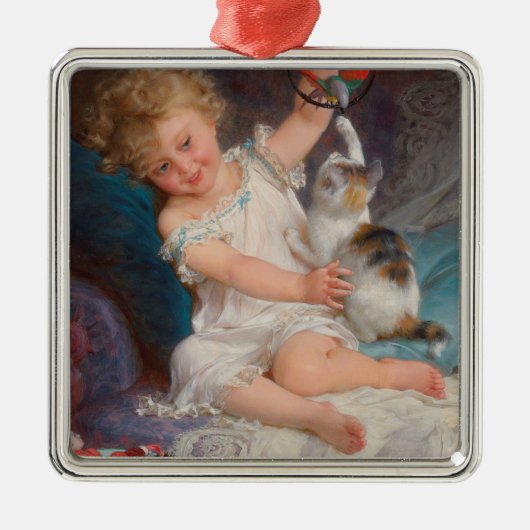 Speeltijd: Meisje speelt met haar dichter Kitten Metalen Ornament (Voorkant)