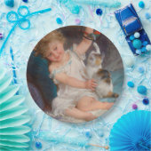 Speeltijd: Meisje speelt met haar dichter Kitten Papieren Bordje (Feest)