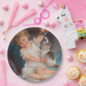 Speeltijd: Meisje speelt met haar dichter Kitten Papieren Bordje (Feest)