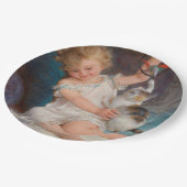 Speeltijd: Meisje speelt met haar dichter Kitten Papieren Bordje (Gekanteld)