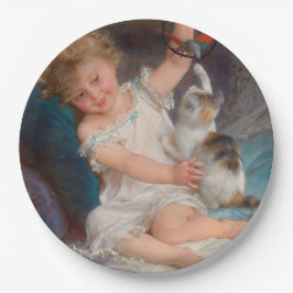 Speeltijd: Meisje speelt met haar dichter Kitten Papieren Bordje