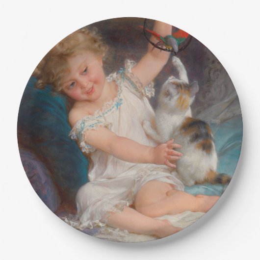 Speeltijd: Meisje speelt met haar dichter Kitten Papieren Bordje (Voorkant)