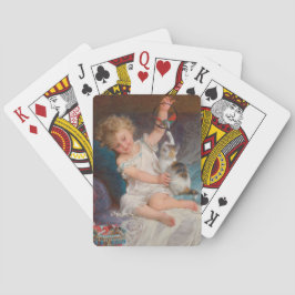 Speeltijd: Meisje speelt met haar dichter Kitten Pokerkaarten