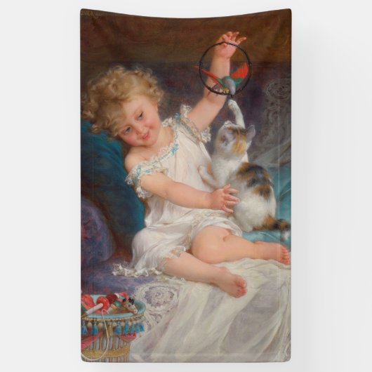 Speeltijd: Meisje speelt met haar dichter Kitten Spandoek (Verticaal)