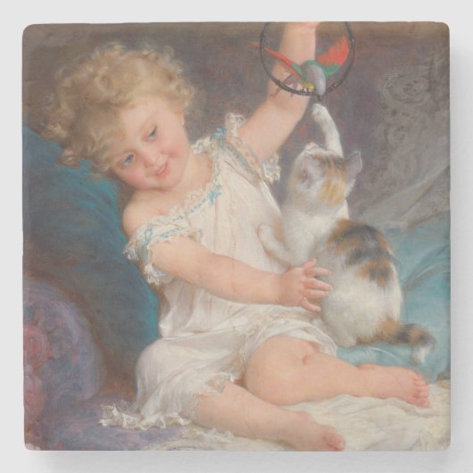 Speeltijd: Meisje speelt met haar dichter Kitten Stenen Onderzetter (Voorkant)