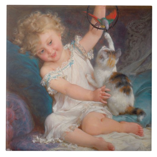 Speeltijd: Meisje speelt met haar dichter Kitten Tegeltje (Voorkant)