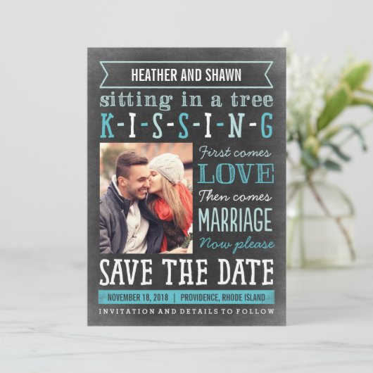 Speeltuin Song Save the Date Kaart - Turquoise (Staand voorkant)