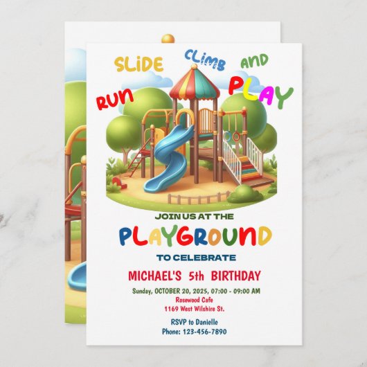 Speeltuin Verjaardag Uitnodiging, Park Party Kaart (Voorkant / Achterkant)