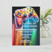 Spel controller neon sinaasappel blauw video party kaart (Staand voorkant)