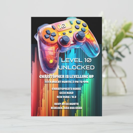 Spel controller neon sinaasappel blauw video party kaart (Staand voorkant)