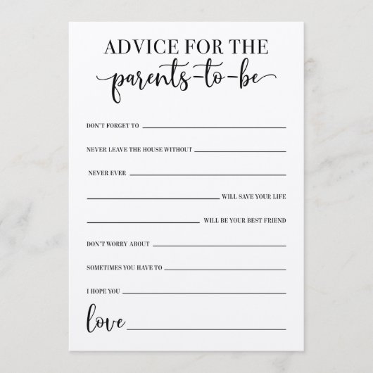 Spel met advies voor aanstaande ouders Baby Shower Programmakaart (Voorkant)