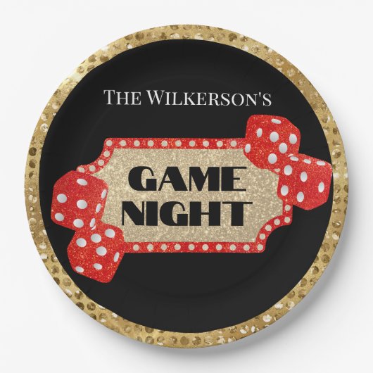 Spel Nacht Glitter Marquee Teken op Zwart Papieren Bordje (Voorkant)