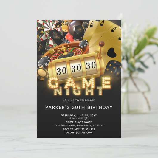 Spel Nacht Verjaardagsfeestje Zwart Goud Kaart (Staand voorkant)