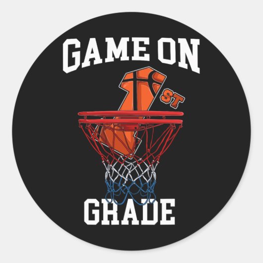 Spel op 1st Grade Basketbal Terug naar School Stud Ronde Sticker (Voorkant)