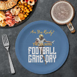 Spel op Football Speler op blauw Papieren Bordje<br><div class="desc">Football Game Day Gepersonaliseerde Party Paper borden Super-fans zullen dol zijn op het spelen van een football-speler op een blauwe achtergrond. Perfect voor het grote spel,  of de middelbare school,  universiteit of de profs. Overeenkomende items in ons collectie.</div>
