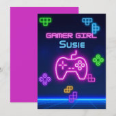 Spel op neonroze, blauwe, gele gamer Uitnodiging (Voorkant / Achterkant)