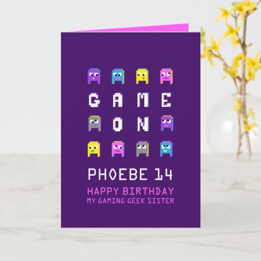 Spel op pixelmonsters gamer zus 14e verjaardag kaart (Gele Bloem)