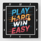 Spelen Hard Win Easy Basketball Vierkante Klok (Voorkant)