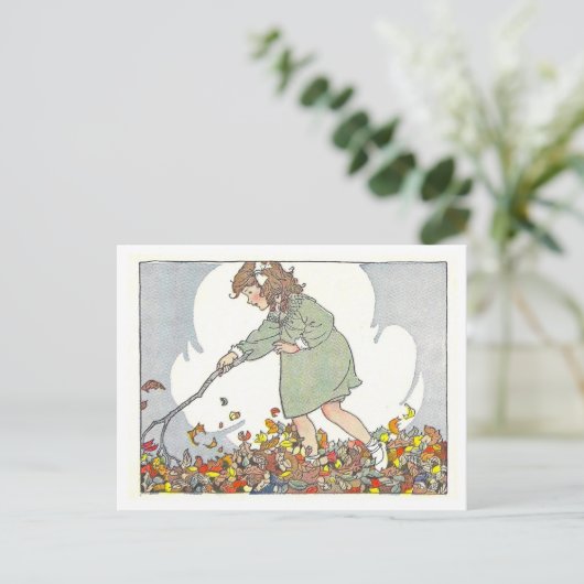 "Spelen in de bladeren" Herfst / Herfstillustratie Briefkaart (Staand voorkant)