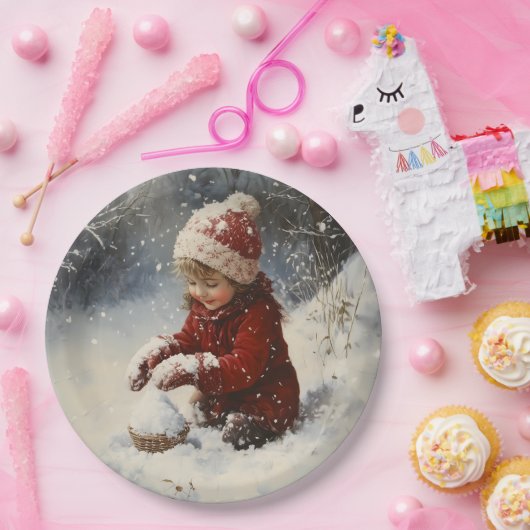 Spelen in de sneeuw papieren bordje (Feest)