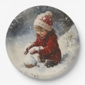 Spelen in de sneeuw papieren bordje (Voorkant)