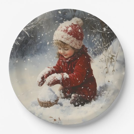 Spelen in de sneeuw papieren bordje (Voorkant)