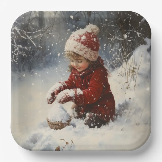 Spelen in de sneeuw papieren bordje (Voorkant)