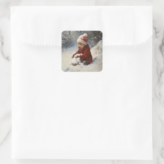 Spelen in de sneeuw vierkante sticker (Tas)