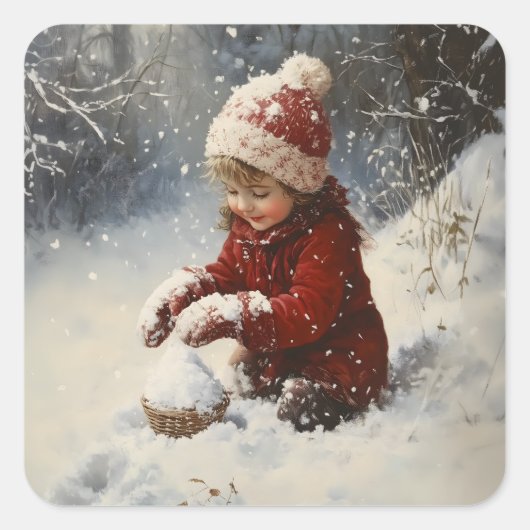 Spelen in de sneeuw vierkante sticker (Voorkant)