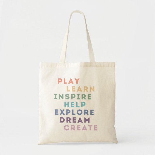 Spelen, leren, inspireren, helpen, verkennen, drom tote bag (Voorkant)